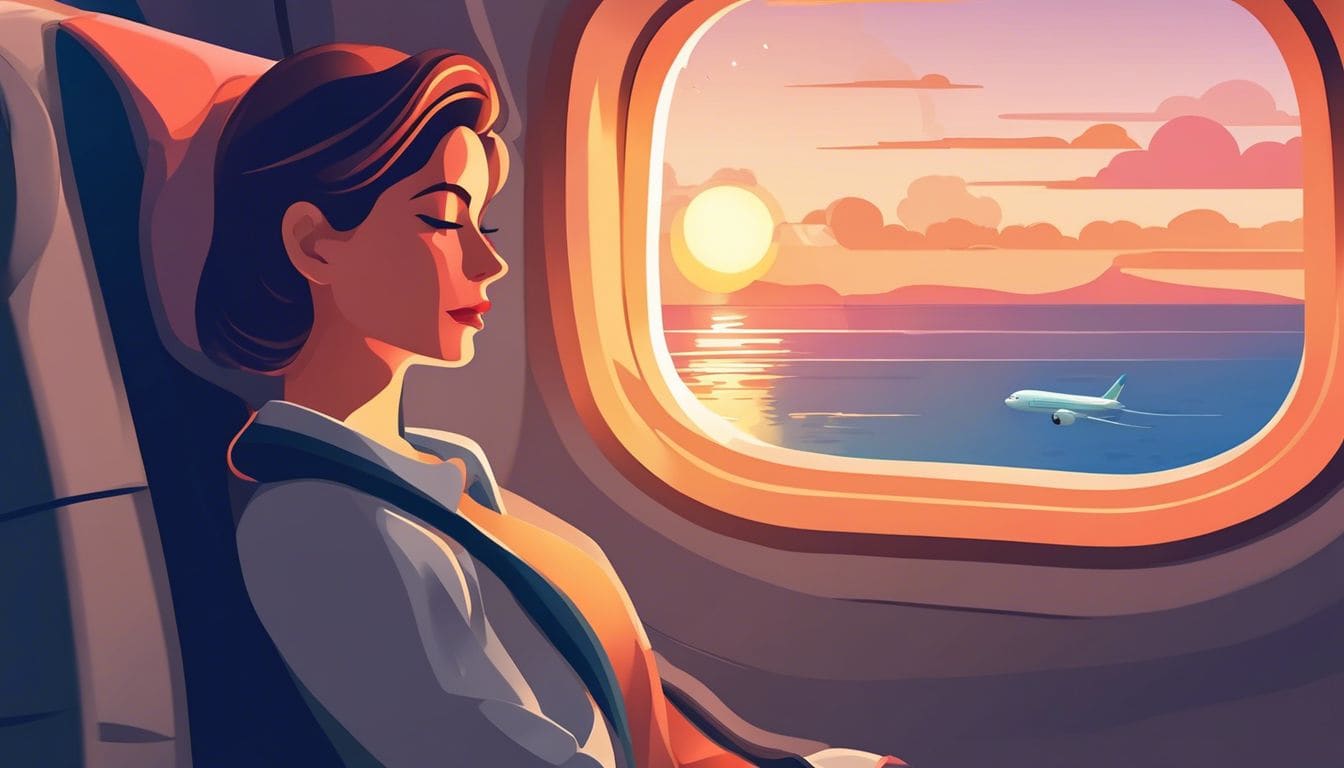 Een reiziger die vredig slaapt in een vliegtuig met een comfortabel nekkussen.