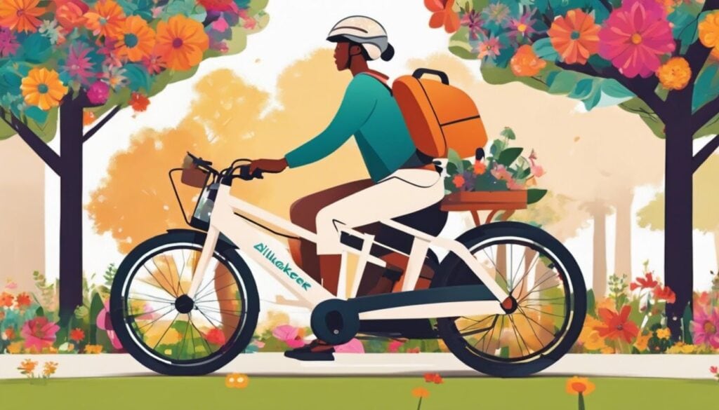 Een volwassene maakt gebruik van een Alinker mobiliteitsfiets in een levendig park, omringd door bloemen en hoge bomen, en straalt blijdschap en onafhankelijkheid uit.