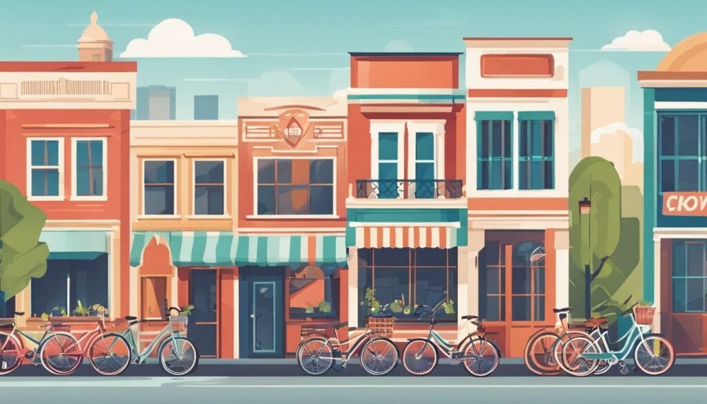 Verhuur van cruiserfietsen in een bruisende stad met diverse architectuur.