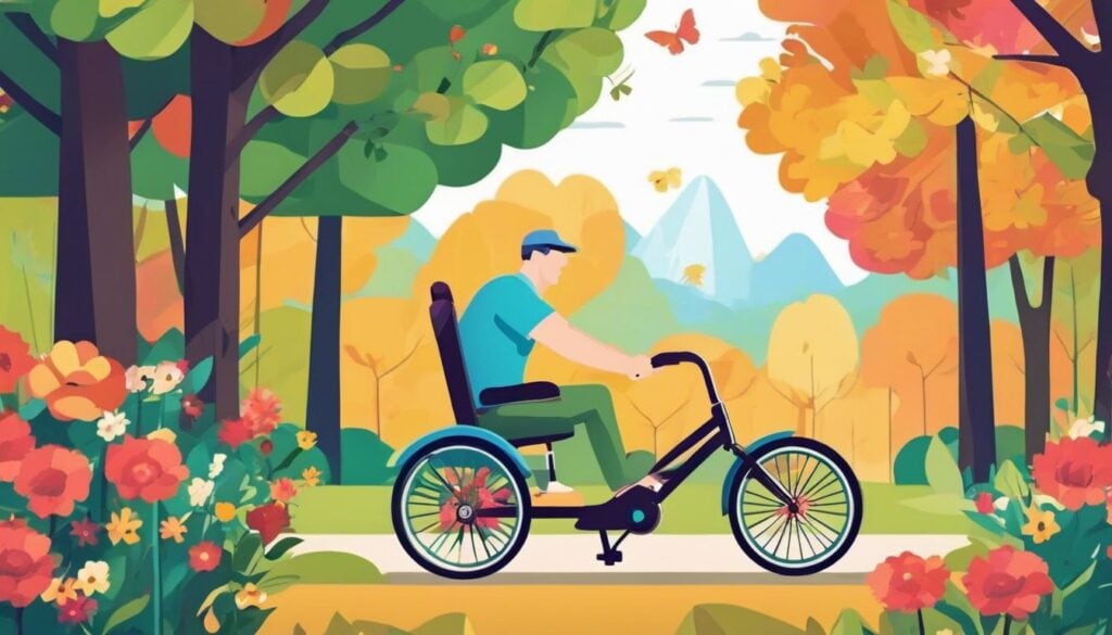 Een man met mobiliteitsproblemen gebruikt een volwassen driewieler om de schoonheid van de natuur vast te leggen.