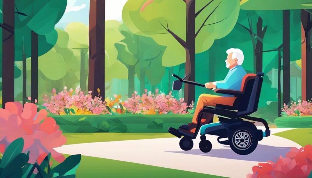 Een oudere persoon in een elektrische rolstoel geniet van een serene parkomgeving.