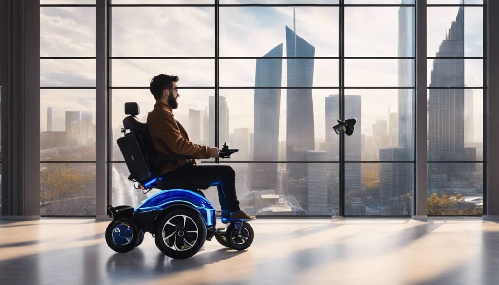 Persoon test elektrische inklapbare rolstoel in moderne showroom.