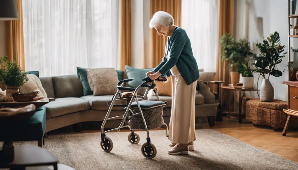 Een oudere vrouw klapt moeiteloos haar looprek in een gezellige woonkamer.
