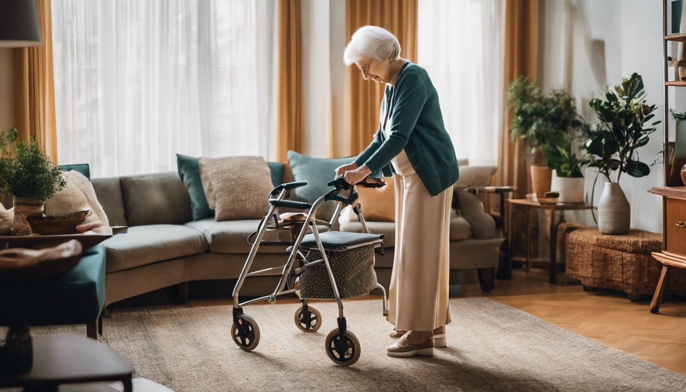 Een oudere vrouw klapt moeiteloos haar looprek in een gezellige woonkamer.