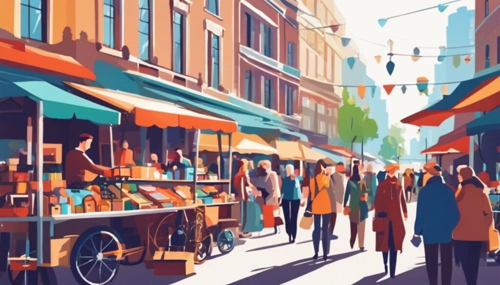 Een persoon navigeert door een drukke vlooienmarkt met diverse gebruikte mobiliteitsmiddelen en kleurrijke kraampjes.