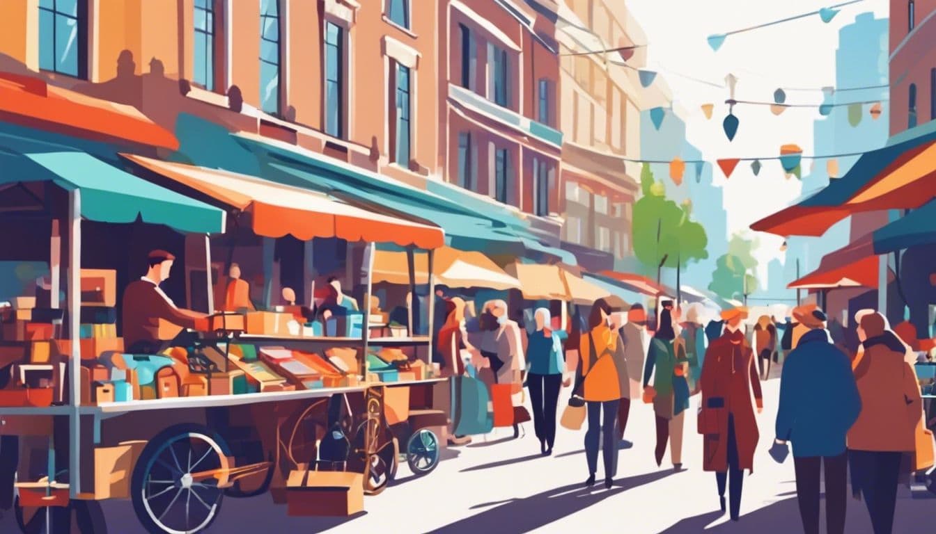 Een persoon navigeert door een drukke vlooienmarkt met diverse gebruikte mobiliteitsmiddelen en kleurrijke kraampjes.