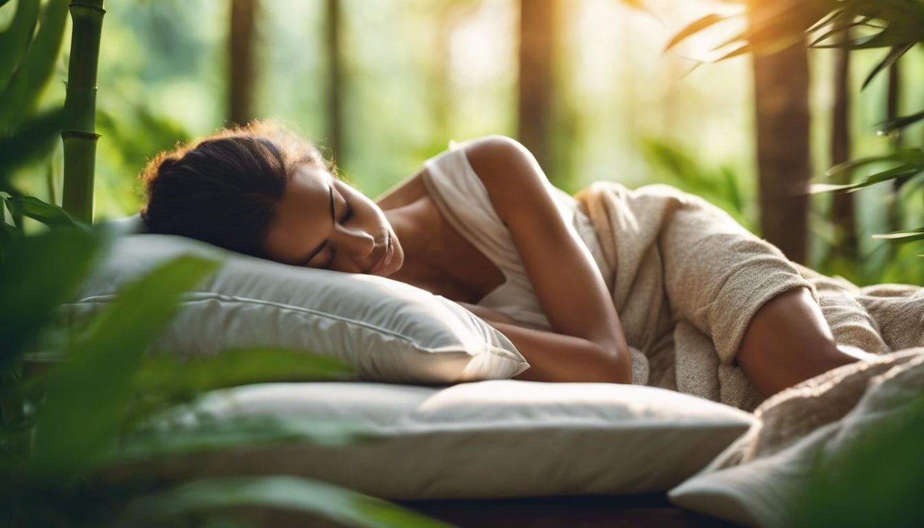 Een persoon slaapt rustig op een orthopedisch bamboe kussen, omringd door gezellig beddengoed en natuurfotografie.