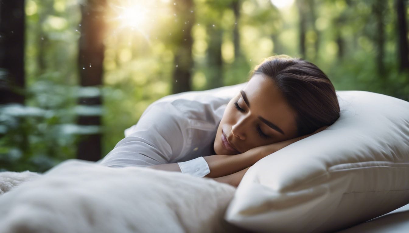 Een close-up van een persoon die slaapt op een zacht ergonomisch kussen, omringd door natuurlijke fotografie.
