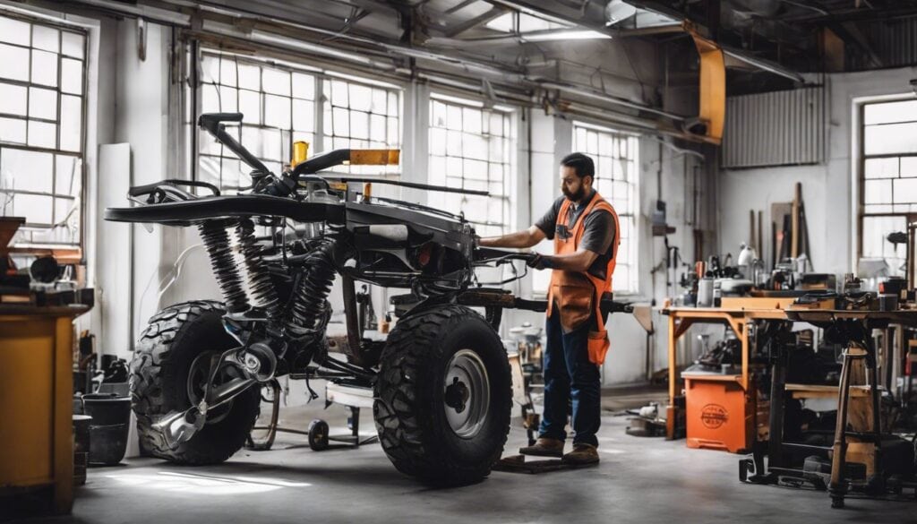 Een persoon vervangt de remkabel van een rollator in een goed verlichte werkplaats, waarbij de mechanische complexiteit en vakmanschap worden vastgelegd.