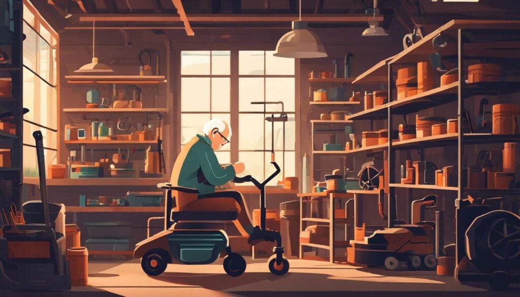 Een oudere persoon werkt aan rollatoronderhoud in een goed verlichte werkplaats met gereedschappen en onderdelen op de achtergrond.
