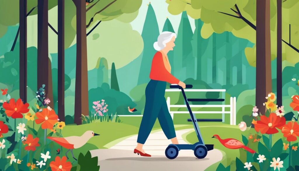 Een zelfverzekerde oudere vrouw gebruikt vol vertrouwen de Thuasne walker in een rustig park.