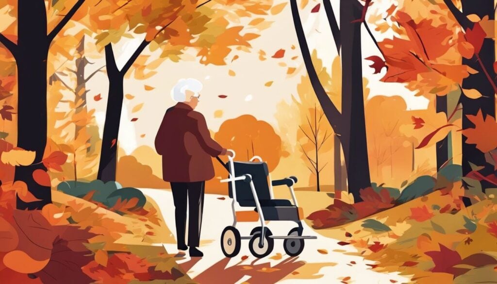 Een zelfverzekerde oudere persoon gebruikt een wandelstok omringd door herfstige natuur.