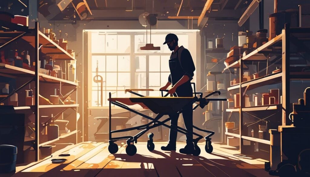 Persoon onderhoudt en repareert een rollator in een goed verlichte werkplaats met reserveonderdelen en gereedschap.