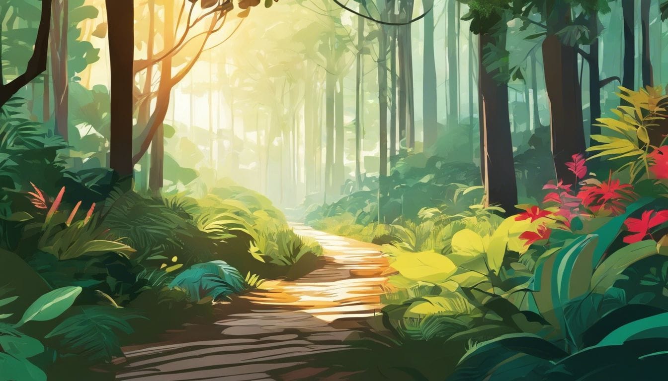 Een lichtgewicht wandelaar verkent een levendig bos met gedetailleerde flora en fauna.