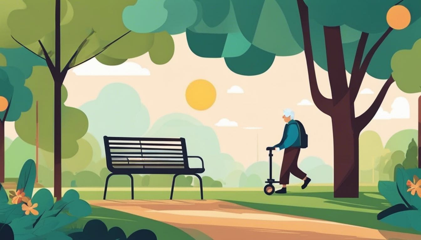 Een oudere persoon gebruikt een rollator in een vredig park, omringd door serene natuur.
