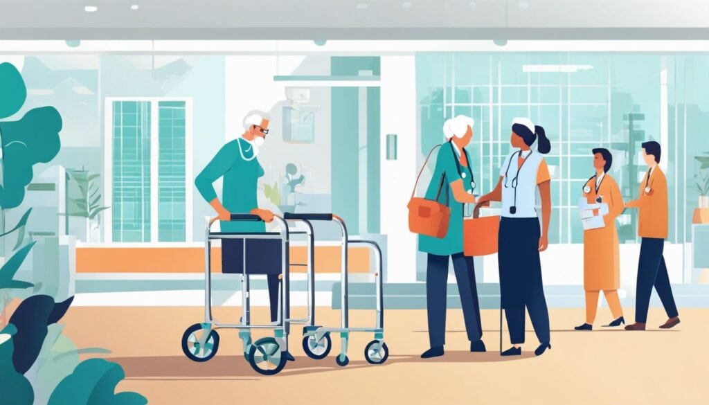 Een oudere persoon gebruikt vol vertrouwen een rollator, omringd door zorgzame medische professionals, in een gastvrije zorginstelling.