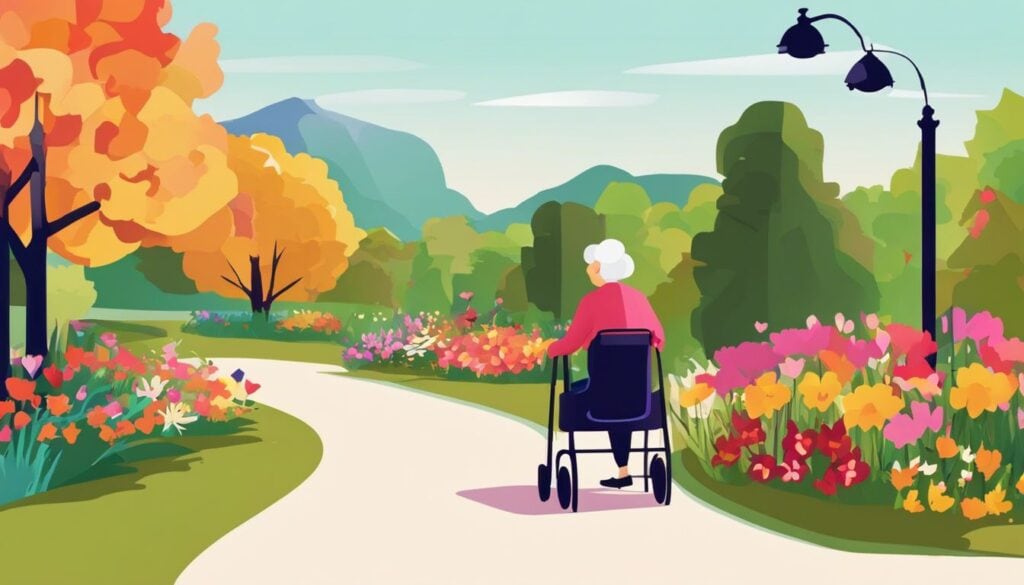 Een oudere persoon met een rollator wandelt door een rustig park, omgeven door kleurrijke bloemen, bomen en dieren, en straalt vrijheid en vreugde uit in hun beweging.