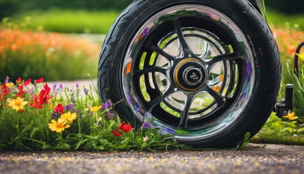 Een close-up van een rolstoelwiel op een gladde stoep met een achtergrond van groen gras en kleurrijke wilde bloemen.