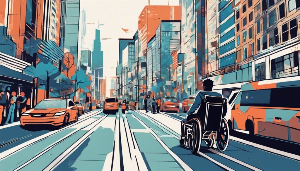 Een persoon met een dwarslaesie navigeert door een drukke stedelijke straat in een rolstoel.