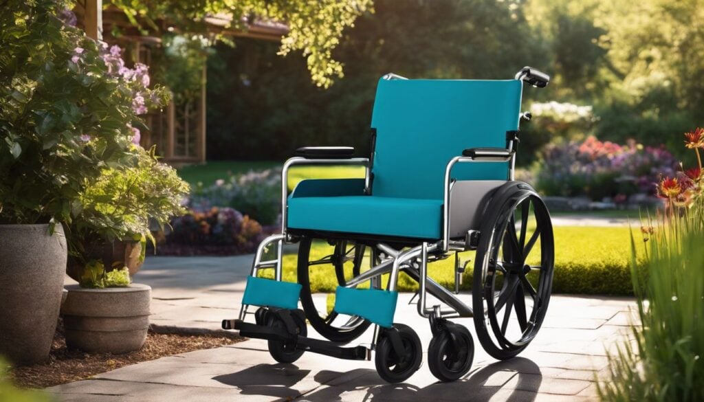 Een sterke en veilige universele rolstoelband omgeven door comfortabele kussens in een vredige tuin.