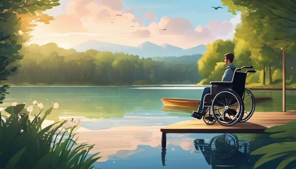 Een persoon in een rolstoel geniet van de serene natuurlijke omgeving aan het meer.