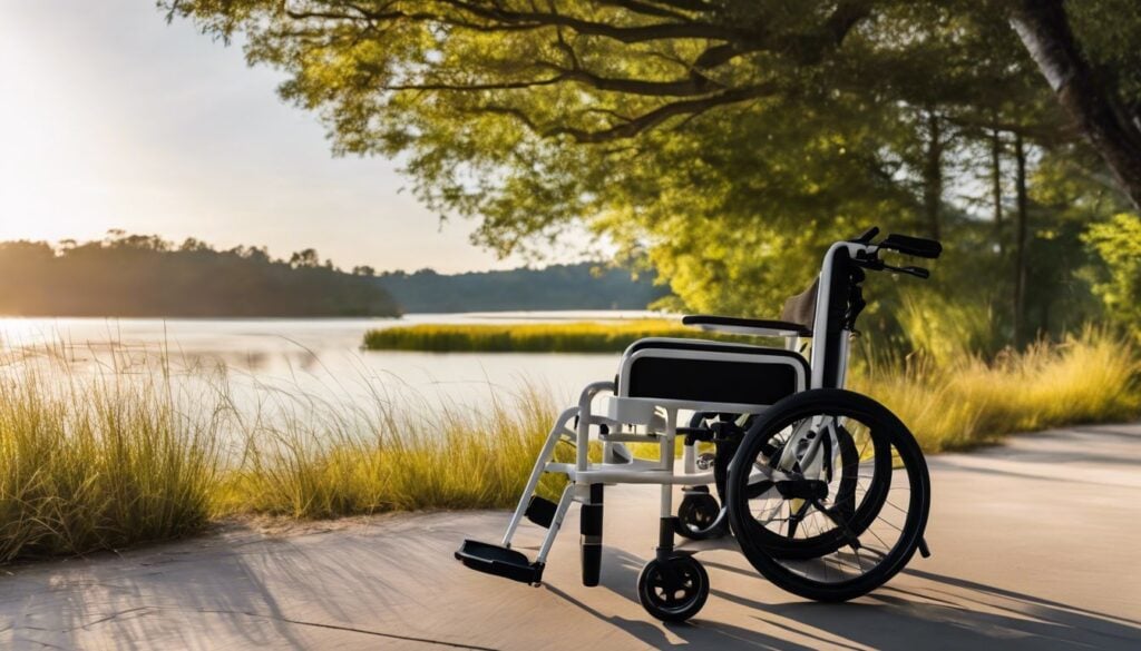 Een opgevouwen Breezy rolstoel met verstelbare functies in een natuurlijke omgeving.