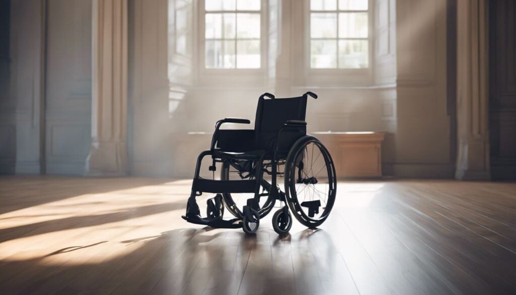 Een persoon die moeiteloos een rolstoel opvouwt in een ruime en goed verlichte kamer, met nadruk op de vloeiende beweging en onafhankelijkheid.