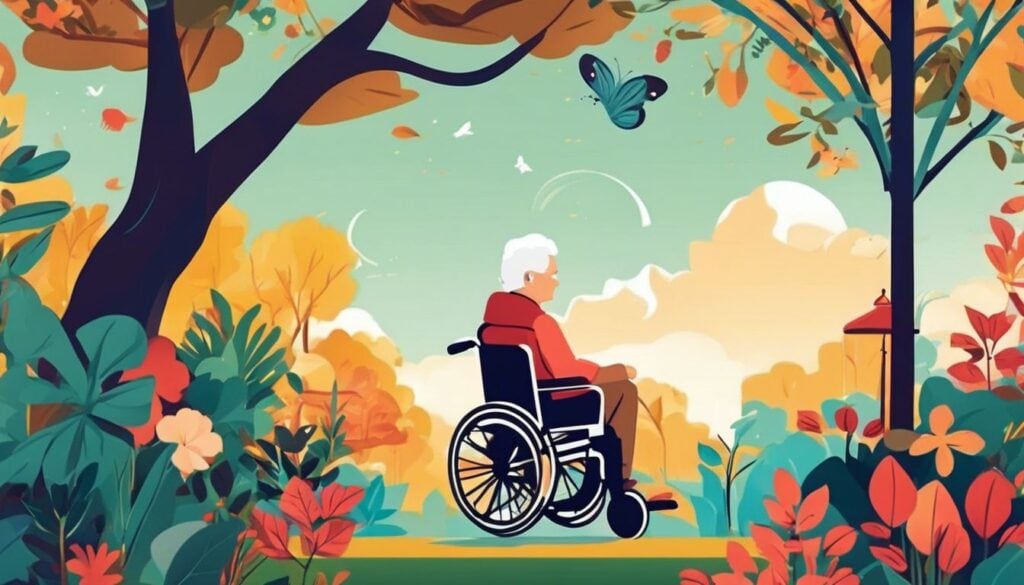 Een rolstoelgebonden senior geniet van de natuur in het park.