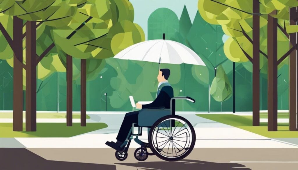 Een persoon in een rolstoel gebruikt een rolstoelparaplu in het park.