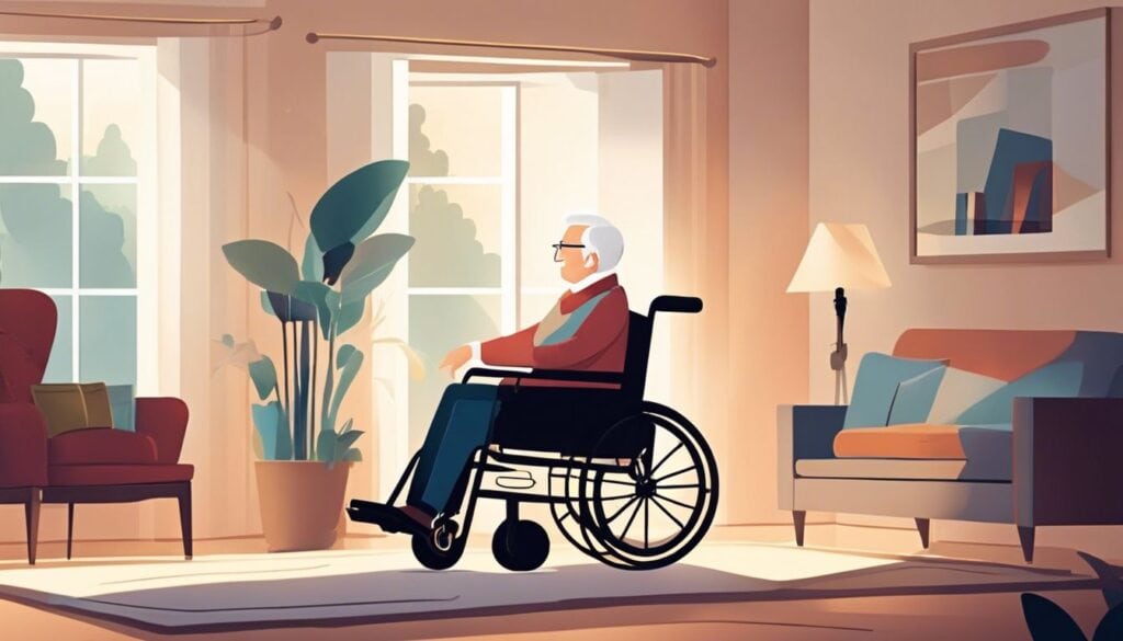 Een senior in een rolstoel navigeert zelfstandig door een ruime woonkamer.