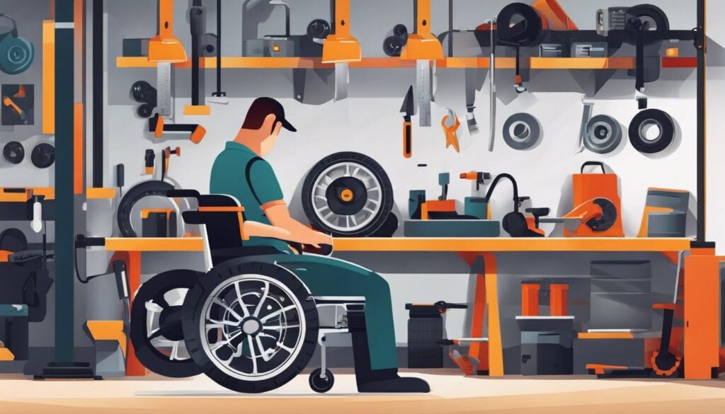 Iemand inspecteert en onderhoudt rolstoelremmen in goed verlichte werkplaats.
