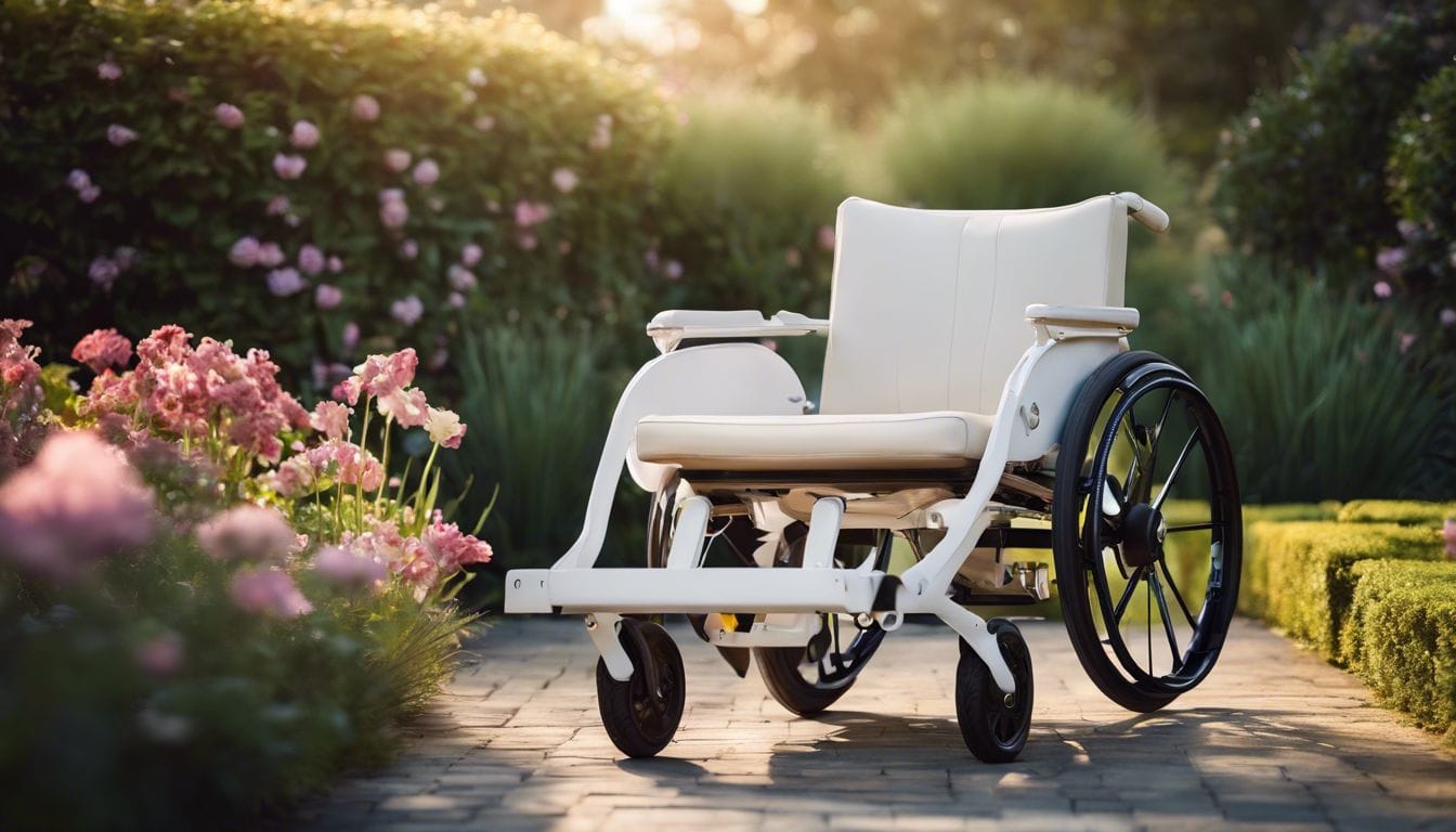 Een Ibis Tilt Rolstoel in een vredige tuin omgeving, omringd door bloeiende bloemen.