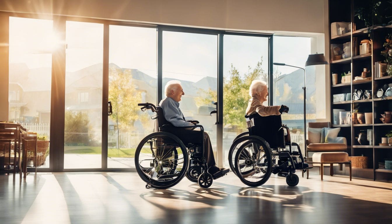 Een oudere persoon probeert verschillende rolstoelen uit in een goed verlichte thuiszorgwinkel.