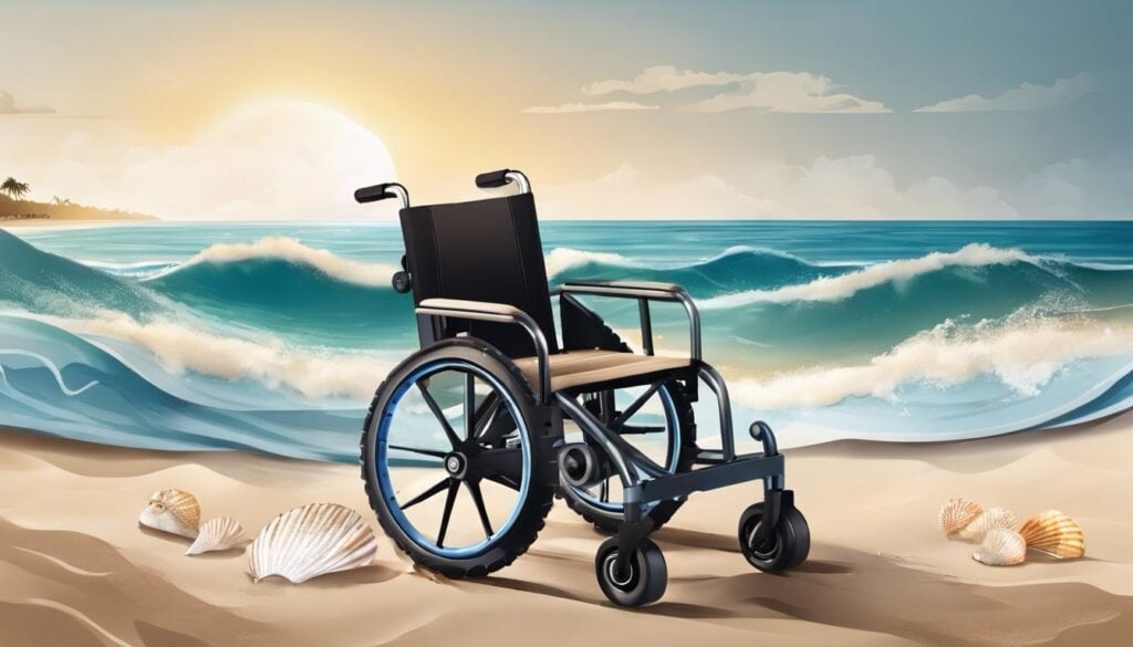 Een sterke strandrolstoel op een zanderig strand met oceaangolven op de achtergrond.