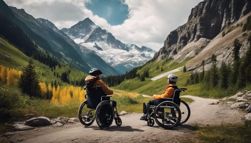 Persoon in rolstoel veilig vastgemaakt in voertuig, omringd door veiligheidsriemen, met bergachtige omgeving.