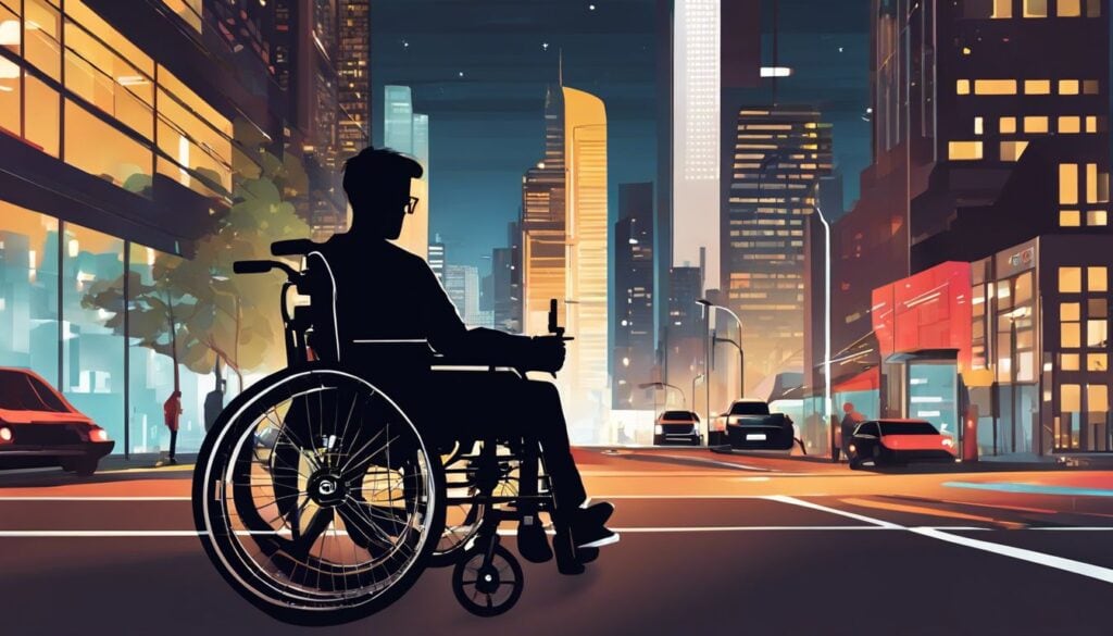 Een persoon in een Beenakker rolstoel in een moderne stedelijke omgeving.