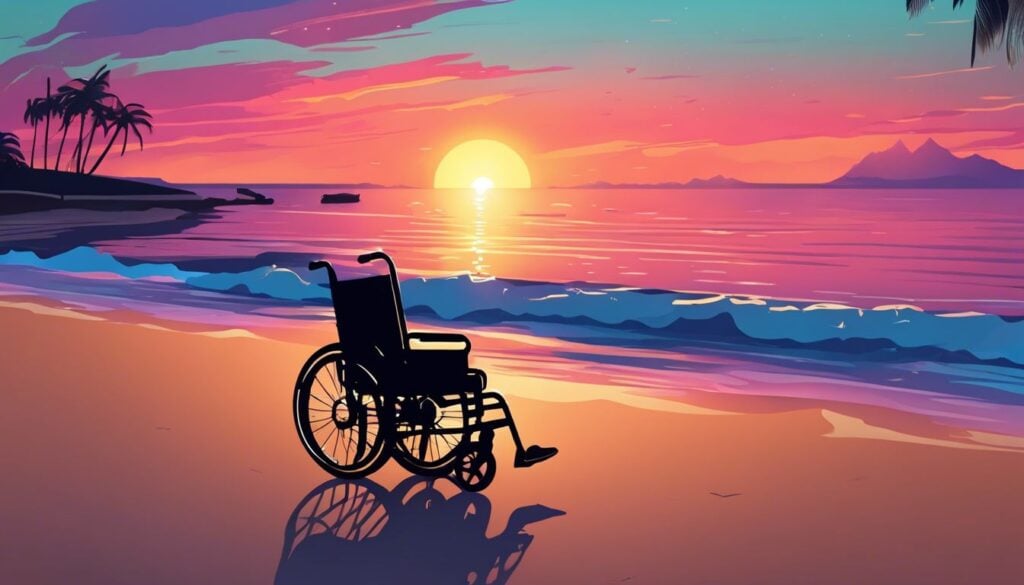 Een lege rolstoel op een rustig buitenlands strand bij zonsondergang.