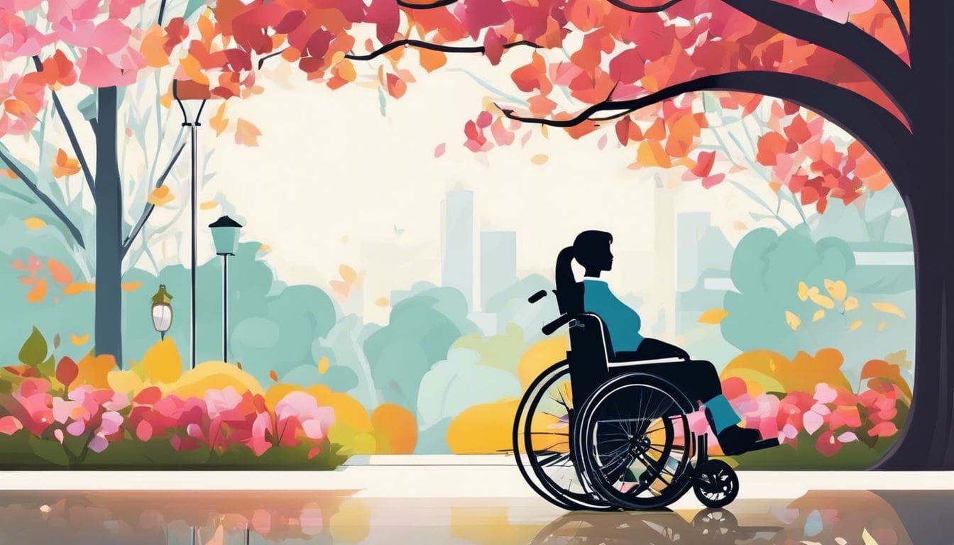 Een persoon in een goed passende rolstoel geniet van de rust en steun van de natuur in een prachtig park.