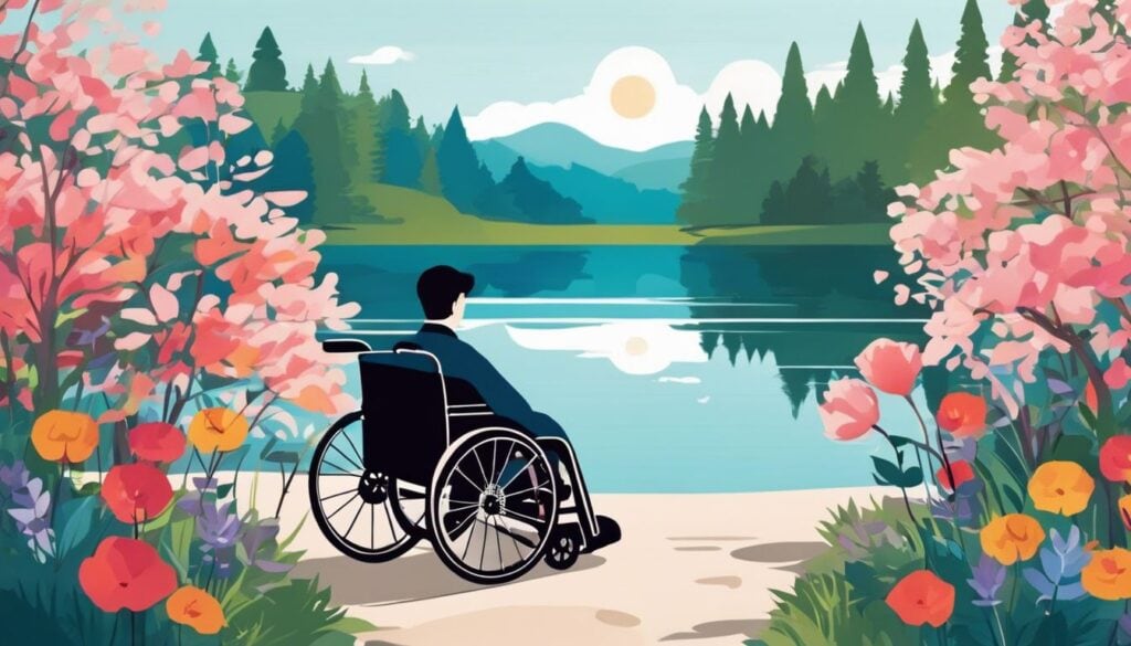 Persoon in een rolstoel genietend van natuur bij het meer.
