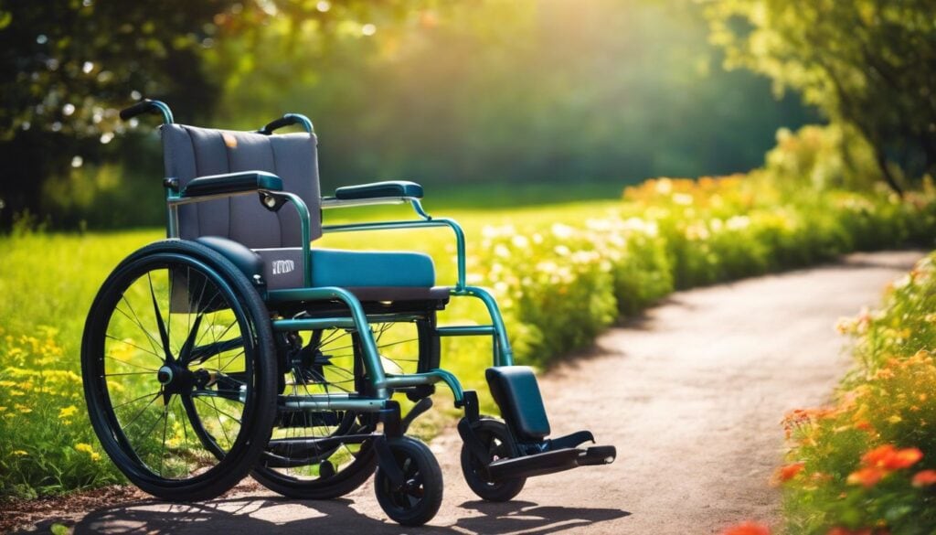 Een comfortabele en ondersteunende rolstoelrugleuning omringd door kussens in een natuurlijke parkomgeving.