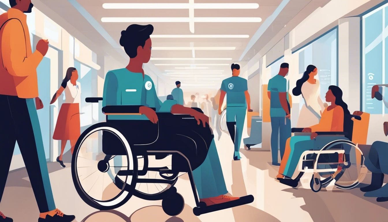 Een persoon in een rolstoel omringd door toegewijd personeel en diverse rolstoelen in een drukke ziekenhuisgang.