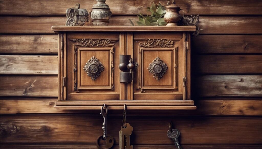 Een vintage sleutelkastje hangt aan een rustieke houten muur, omringd door antieke decoratie.