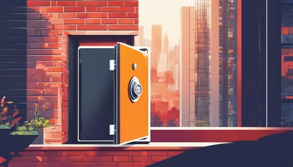 Een veilige sleutelkluis geïnstalleerd op de buitenmuur van een huis, omringd door moderne beveiligingsfuncties, met een stedelijke omgeving op de achtergrond.