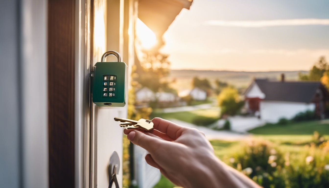 Een persoon stelt een sleutelkastje met combinatieslot buiten hun huis.