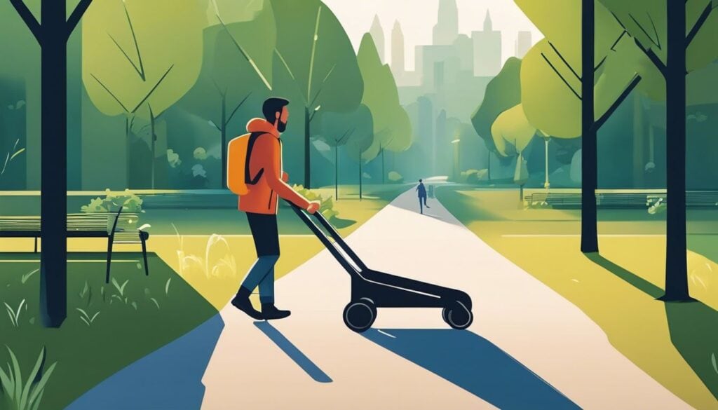 Een persoon gebruikt een lichte rollator in een park, omringd door groen, met de nadruk op het ontwerp van de rollator en de beweging door de natuurlijke omgeving.