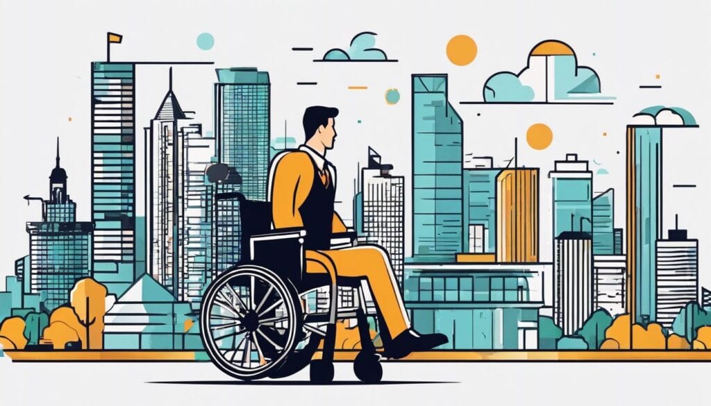 Een persoon die een rolstoel verkoopt, omringd door verkoopmiddelen en stadssilhouet.