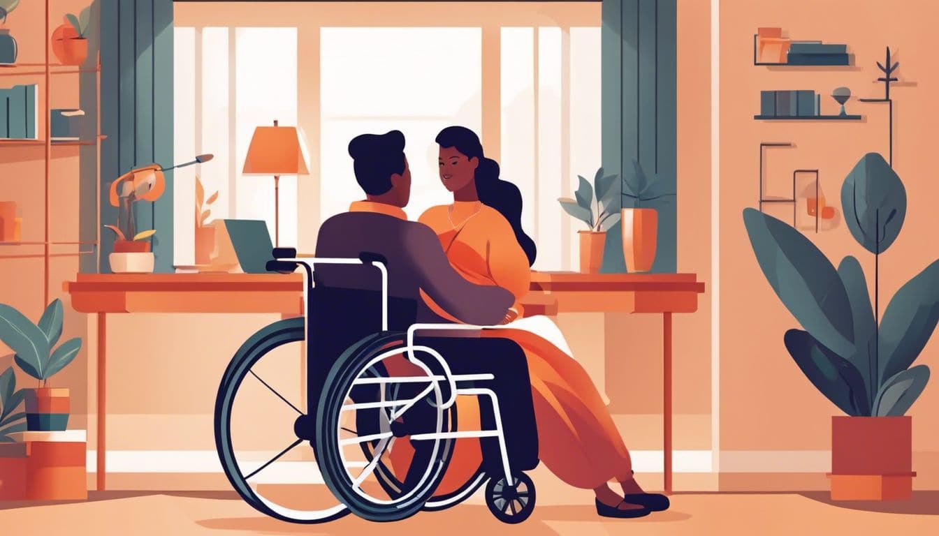 Persoon in rolstoel ontvangt met een glimlach hulp van verzorger.