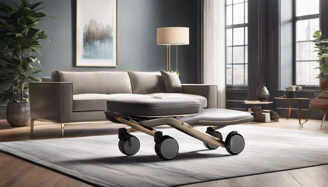 Een ergonomisch ontworpen wandelwagen met een strak metalen frame en geavanceerd bedieningspaneel in een moderne woonkamer.