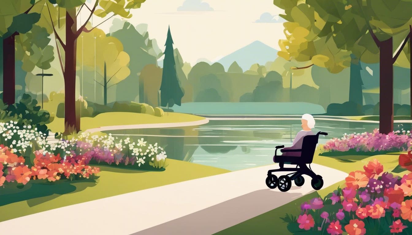Een oudere persoon geniet van een rustige wandeling in het park met behulp van een elektrische opvouwbare rollator.