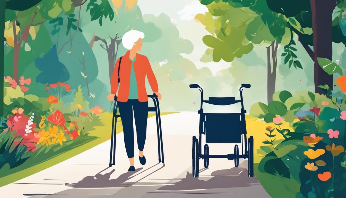 Een persoon met de ziekte van Parkinson wandelt zelfverzekerd met een rollator in een rustig park, omringd door kleurrijke flora en fauna.